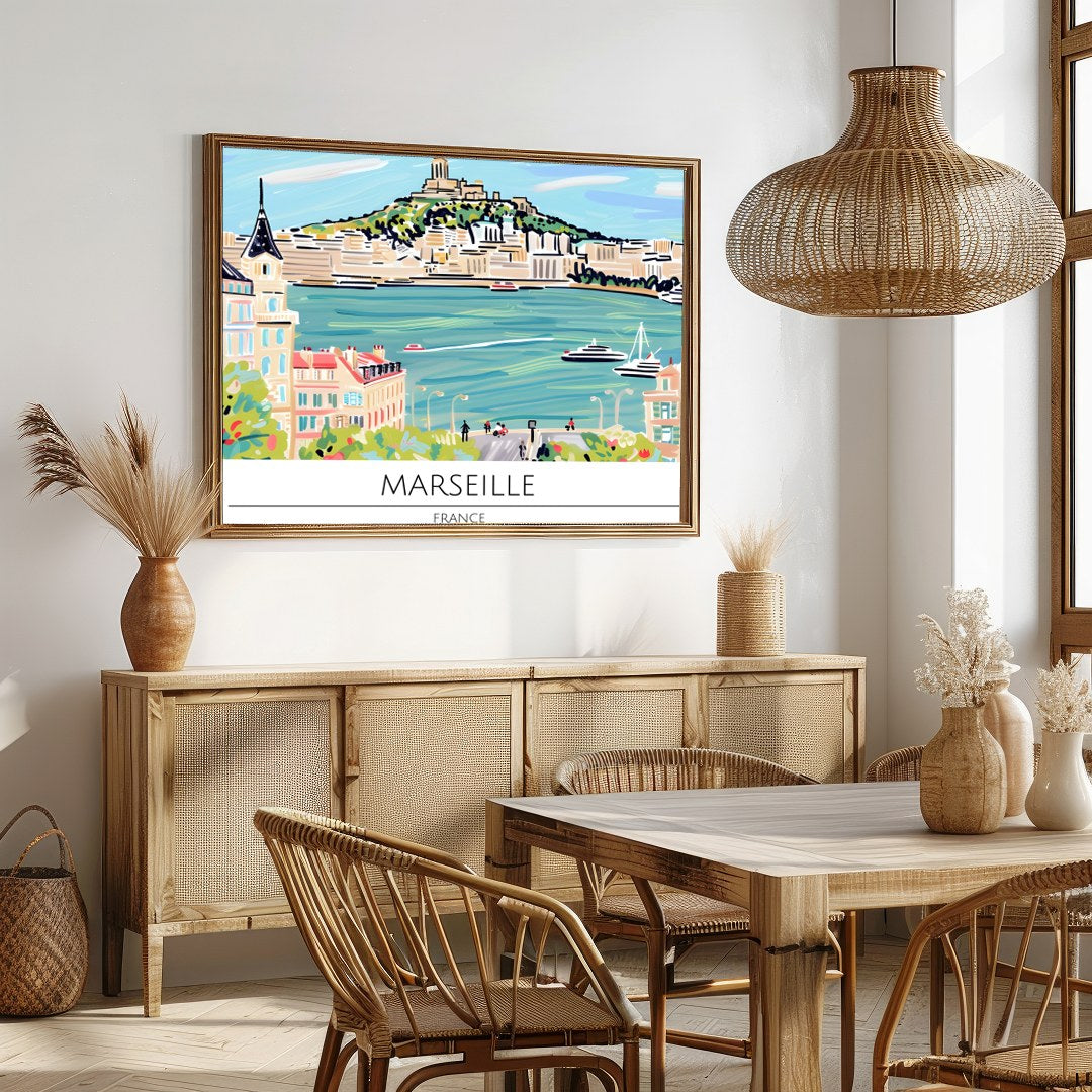 Immerse yourself in the vibrant charm of Marseille with this captivating artwork. The piece for Dining