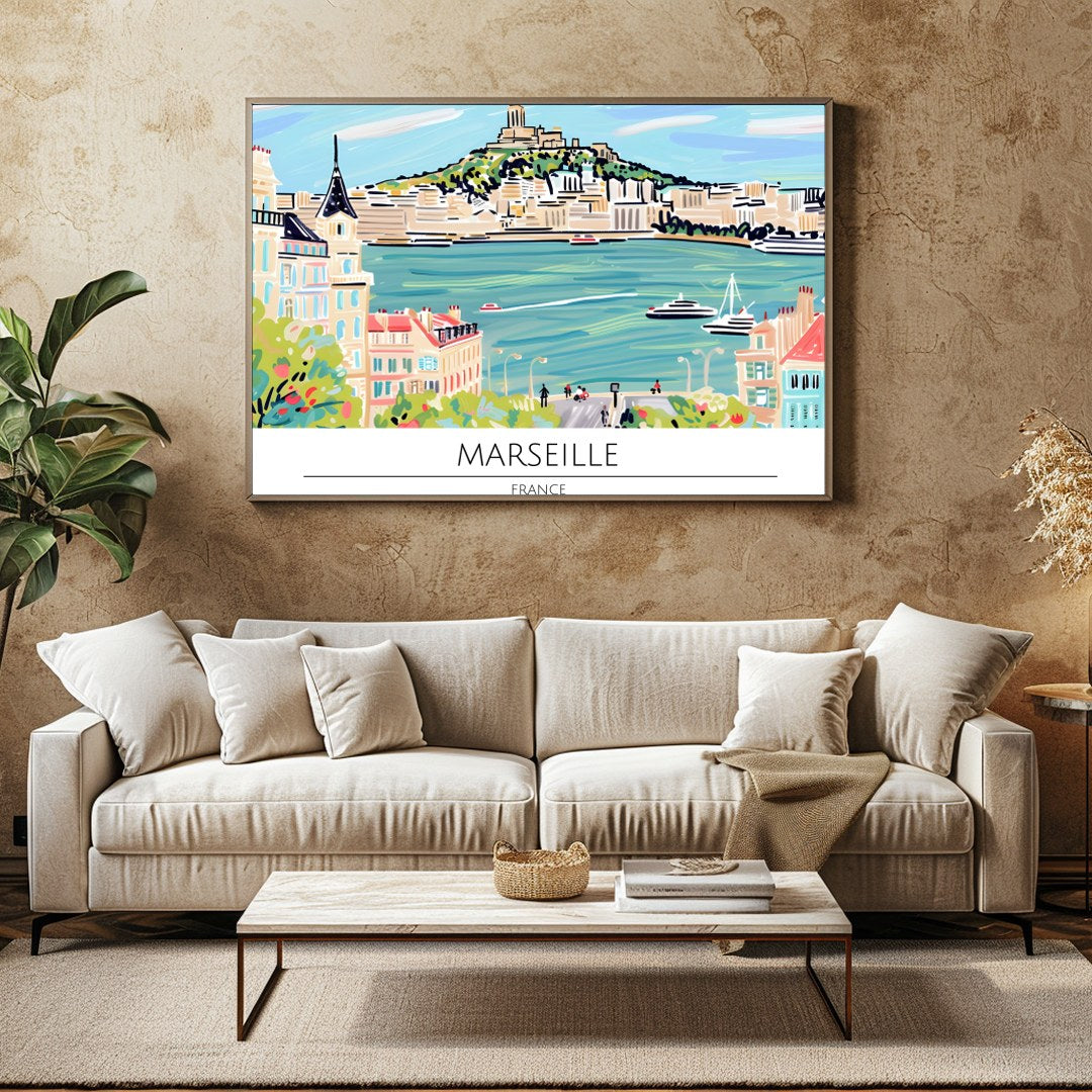 Immerse yourself in the vibrant charm of Marseille with this captivating artwork. The piece for Family Room