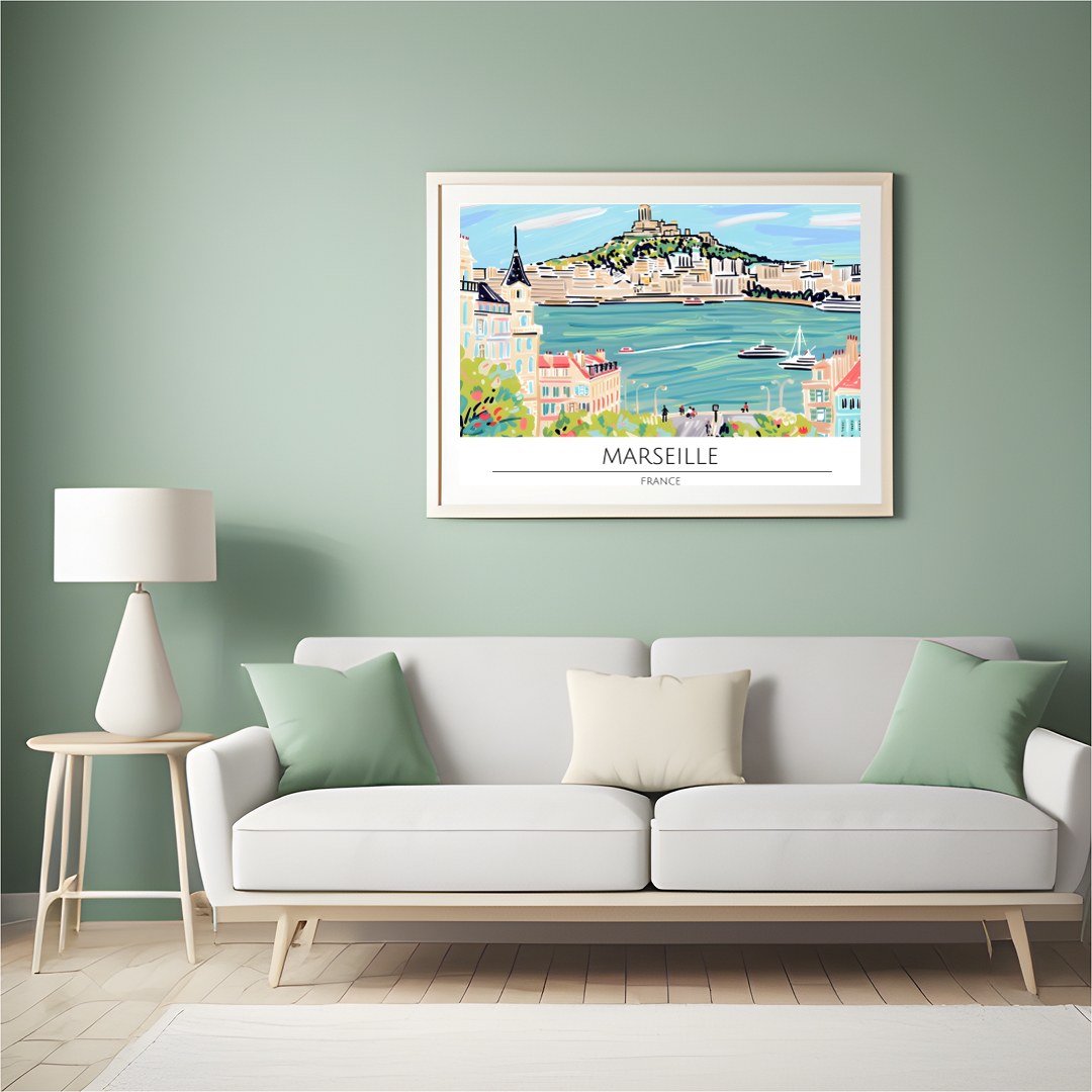 Immerse yourself in the vibrant charm of Marseille with this captivating artwork. The piece for Hall