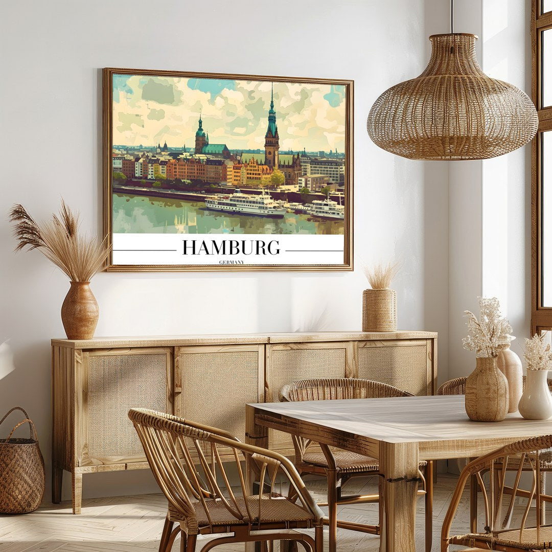 Capture the charm of Hamburg with this stunning skyline artwork, perfect for those with a love for for Dining