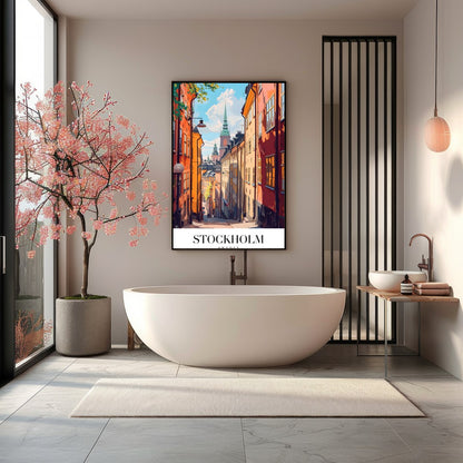 Capture the charm of Stockholm's vibrant streets with this exquisite artwork. Perfectly blending for Bathroom