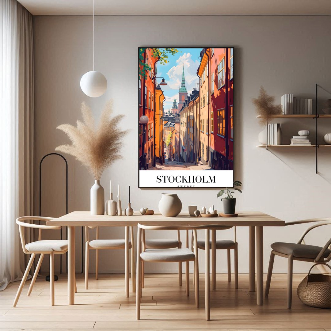 Capture the charm of Stockholm's vibrant streets with this exquisite artwork. Perfectly blending for Dining