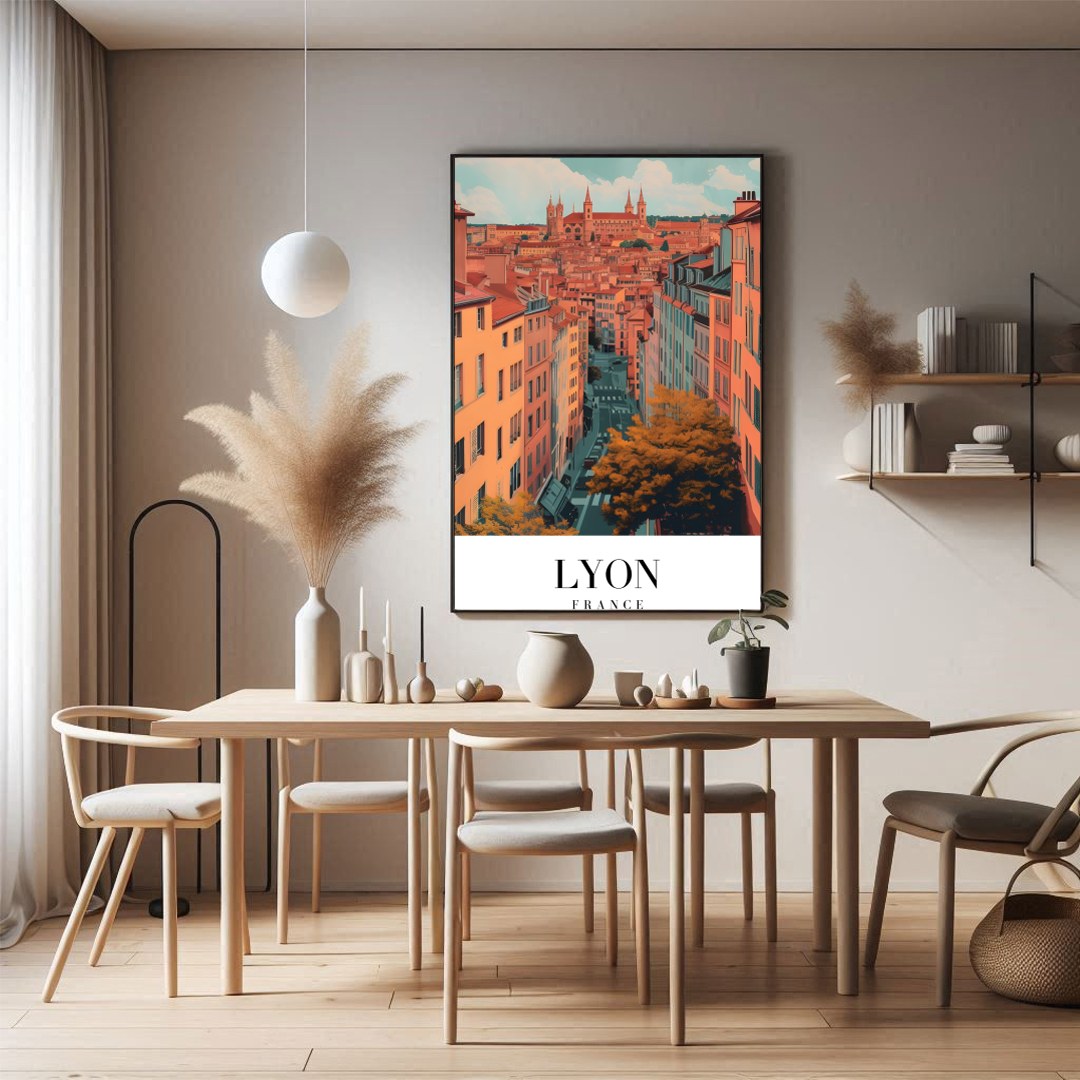 Capture the enchanting streets of Lyon with this vibrant wall art. Featuring a detailed view of the for Dining