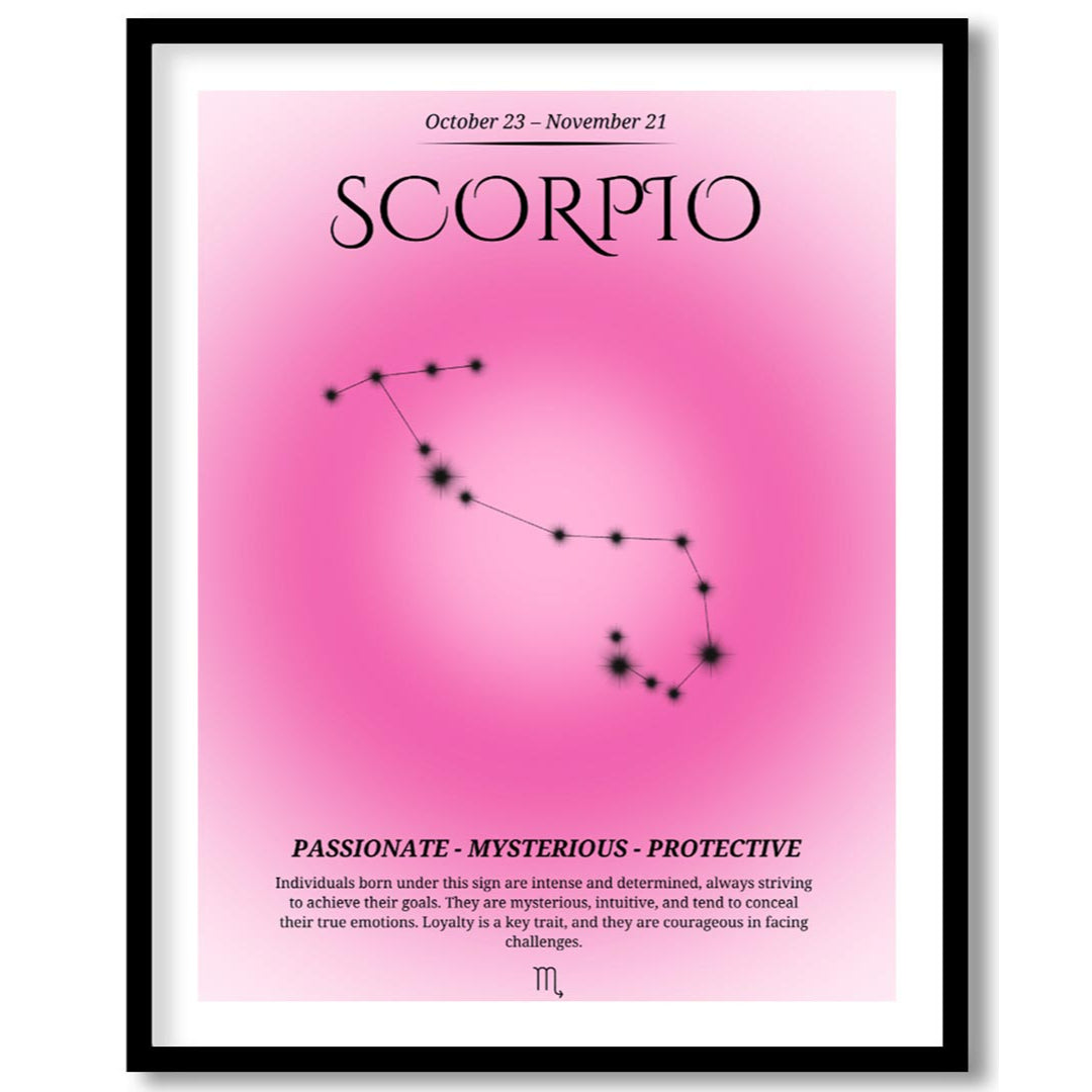 This poster features the Scorpio zodiac sign, covering the birth dates from October 23 to November … for house