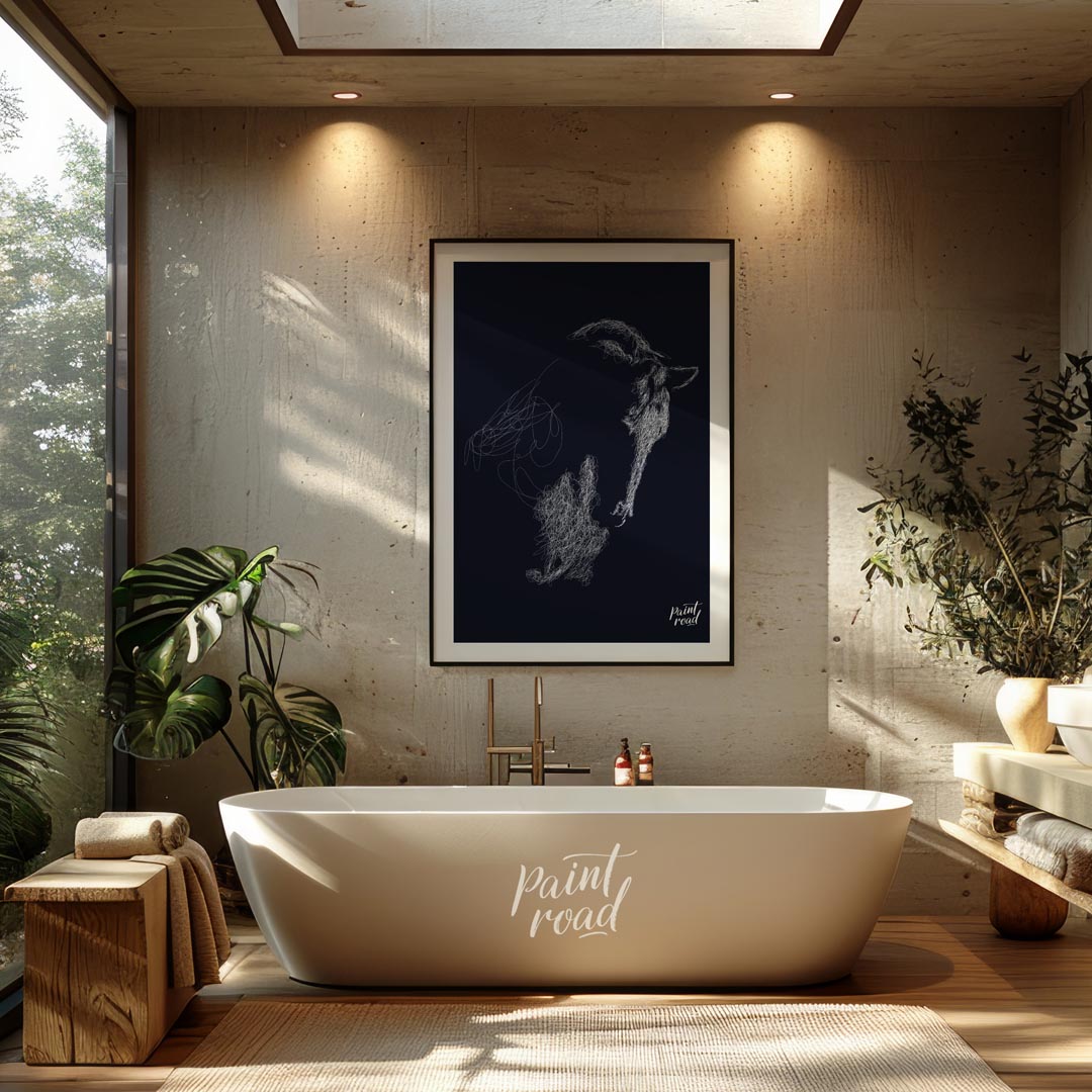 This unique abstract piece features the outline of a goat's head, formed entirely from a swirling m… for bathroom