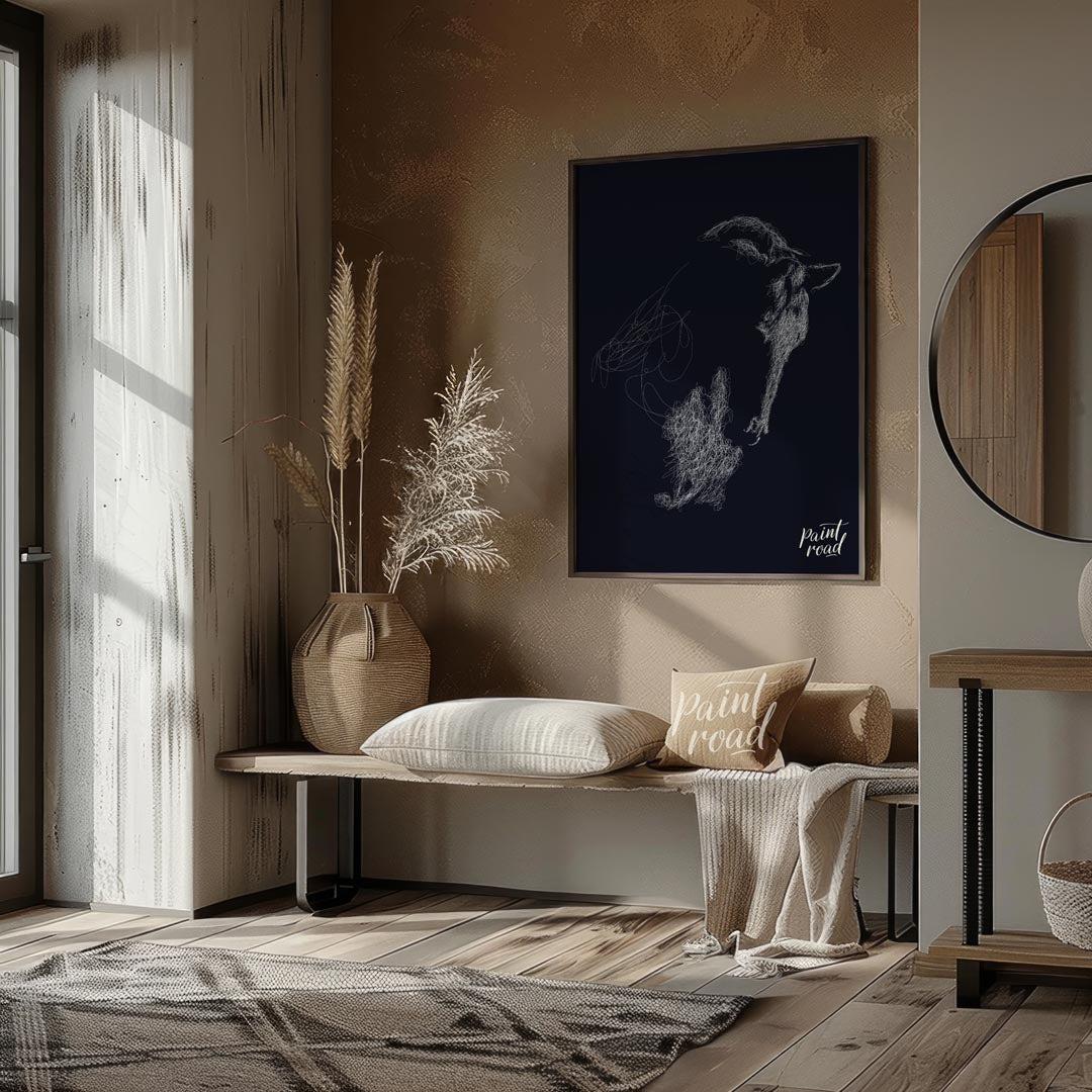 This unique abstract piece features the outline of a goat's head, formed entirely from a swirling m… for entryway
