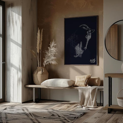 This unique abstract piece features the outline of a goat's head, formed entirely from a swirling m… for entryway