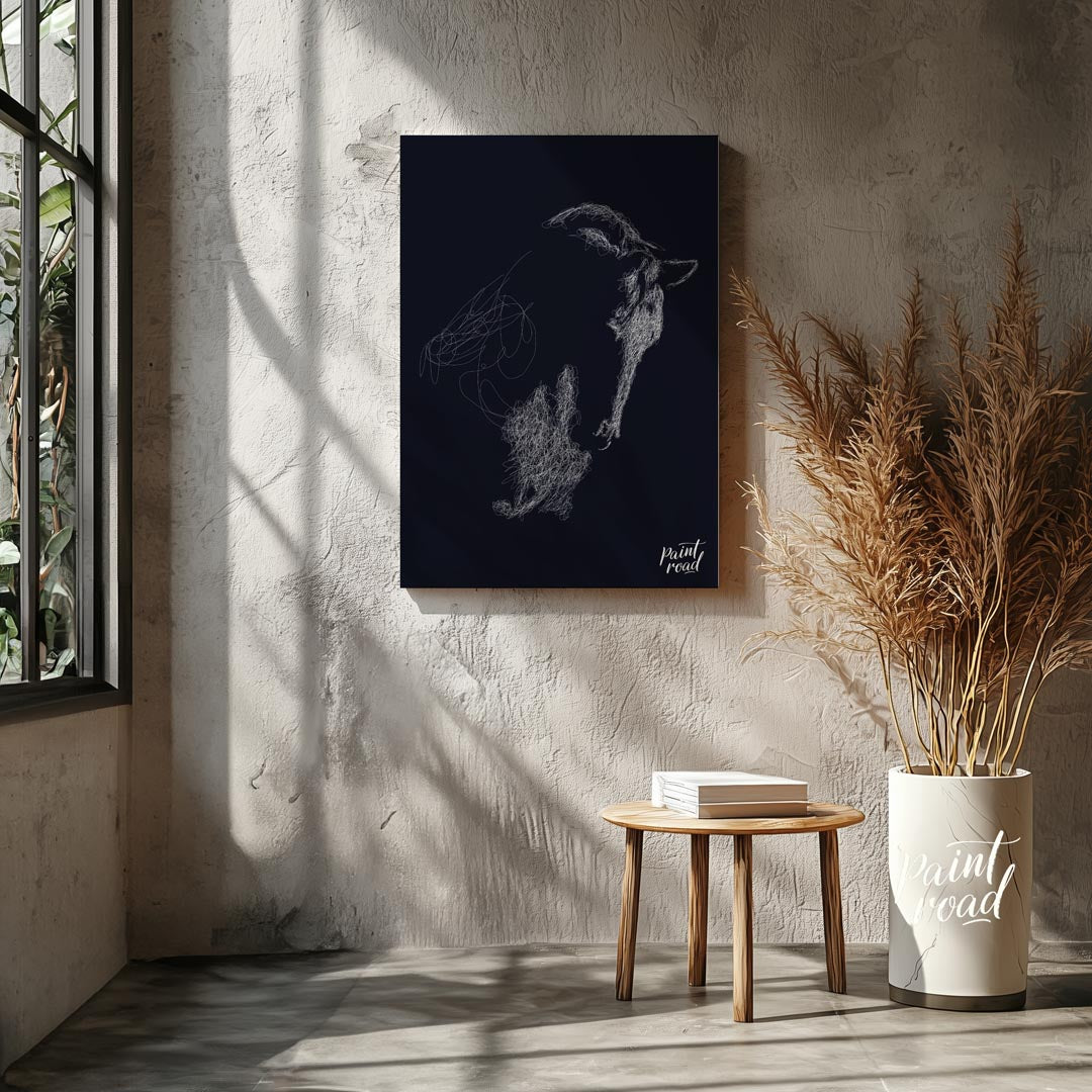This unique abstract piece features the outline of a goat's head, formed entirely from a swirling m… for living room