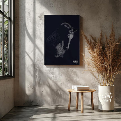 This unique abstract piece features the outline of a goat's head, formed entirely from a swirling m… for living room