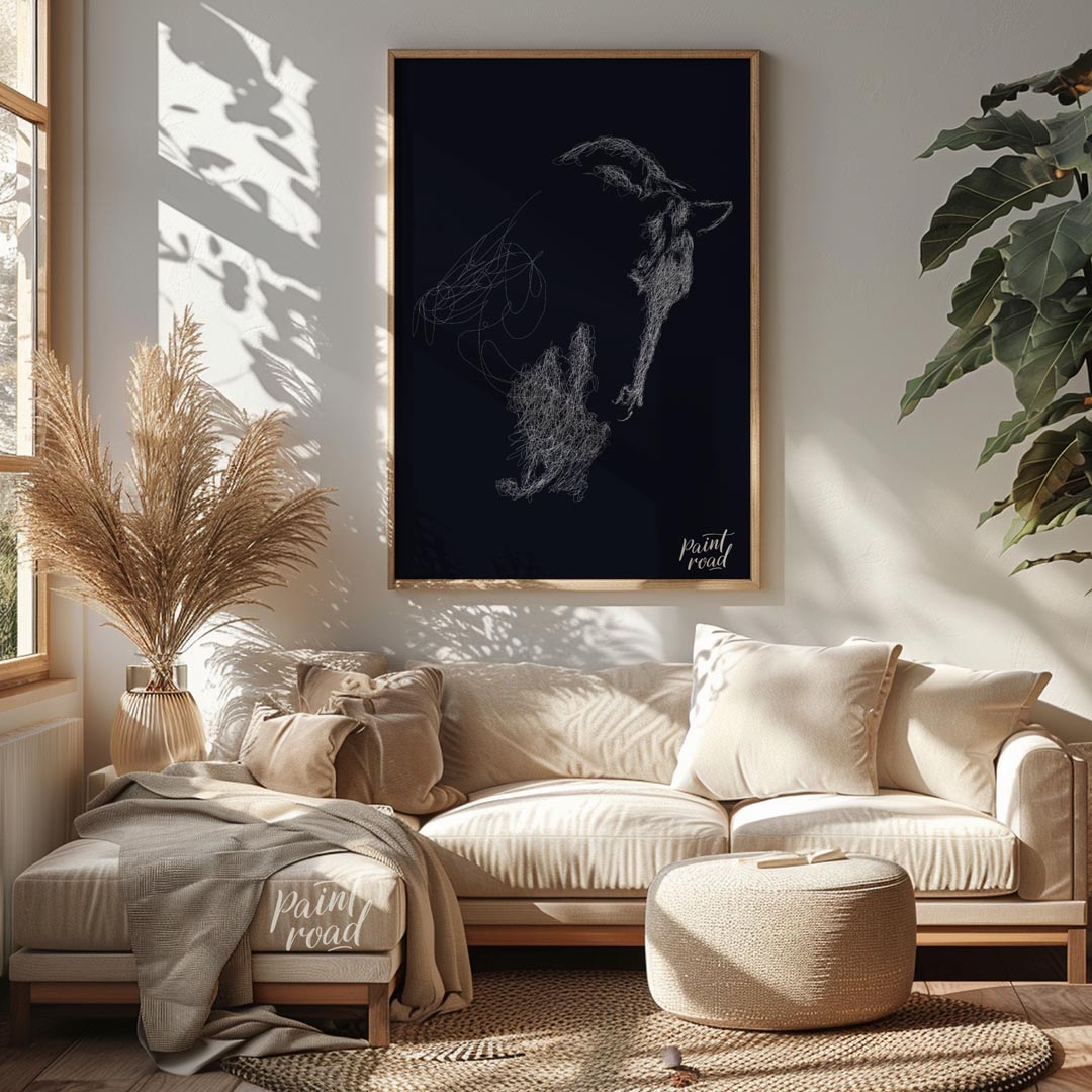 This unique abstract piece features the outline of a goat's head, formed entirely from a swirling m… for living room