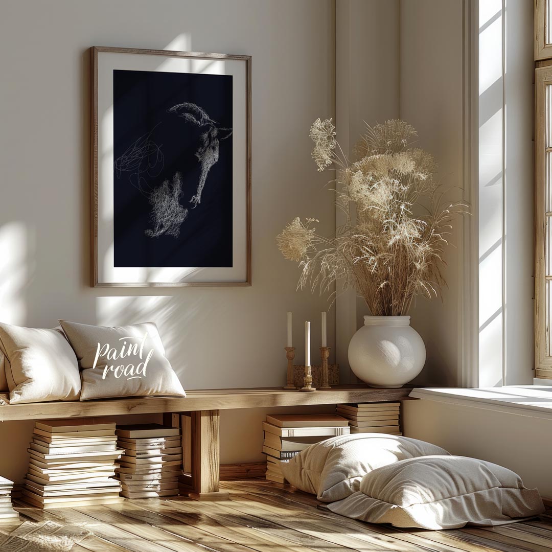 This unique abstract piece features the outline of a goat's head, formed entirely from a swirling m… for living room