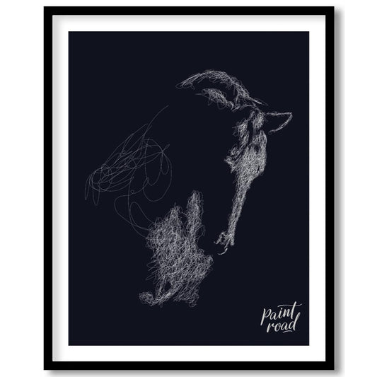 This unique abstract piece features the outline of a goat's head, formed entirely from a swirling m… for room