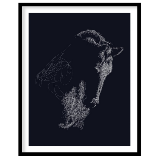 This unique abstract piece features the outline of a goat's head, formed entirely from a swirling m… for room