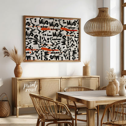 """Scribbled Rhythms"" presents a dynamic abstract pattern featuring bold black scribbles and vibra… for dining room