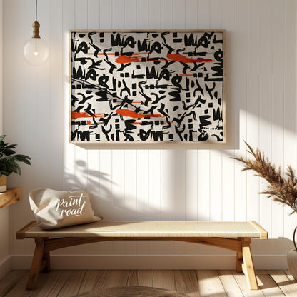"""Scribbled Rhythms"" presents a dynamic abstract pattern featuring bold black scribbles and vibra… for entryway