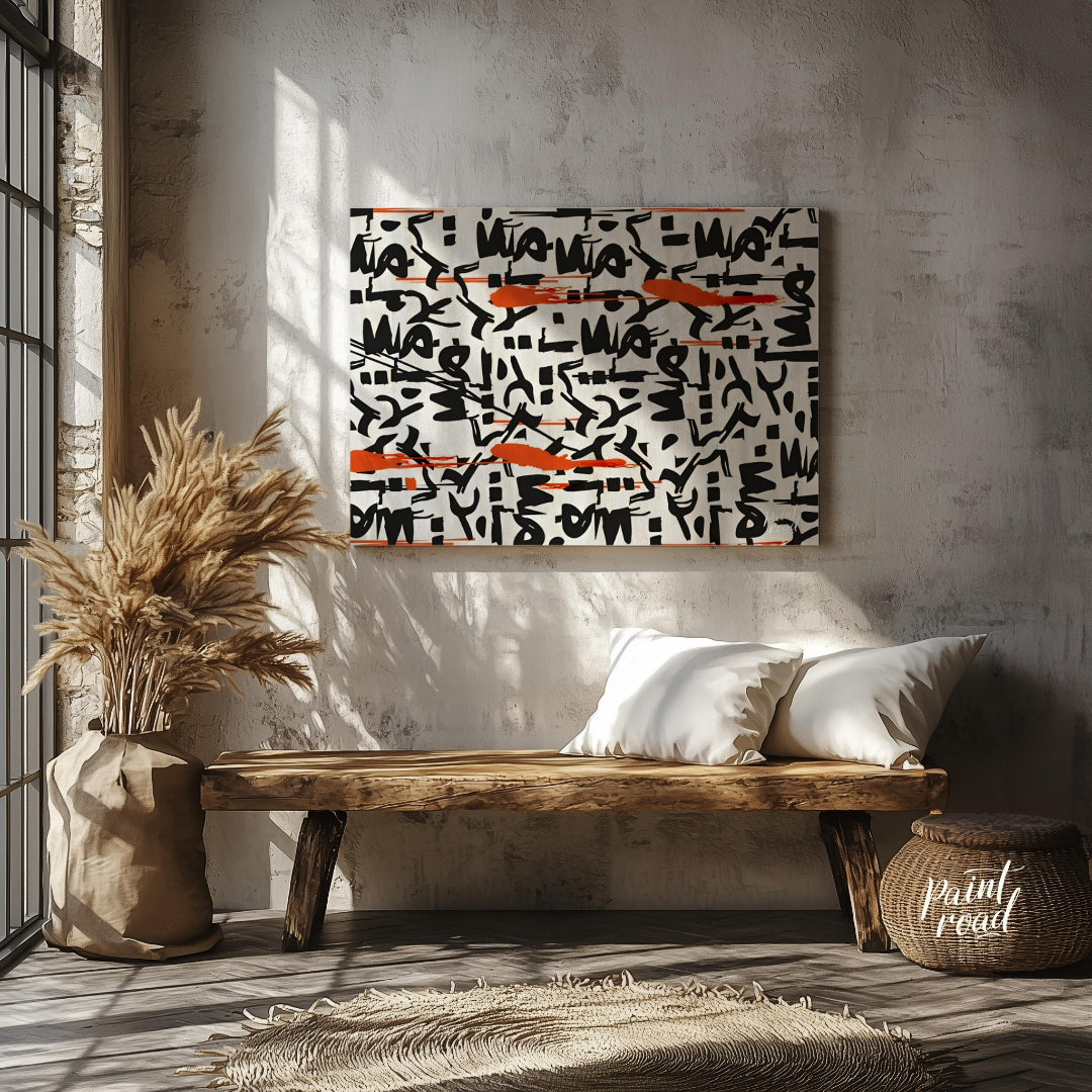 """Scribbled Rhythms"" presents a dynamic abstract pattern featuring bold black scribbles and vibra… for entryway