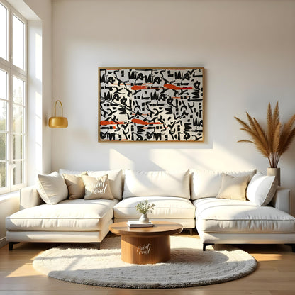 """Scribbled Rhythms"" presents a dynamic abstract pattern featuring bold black scribbles and vibra… for living room