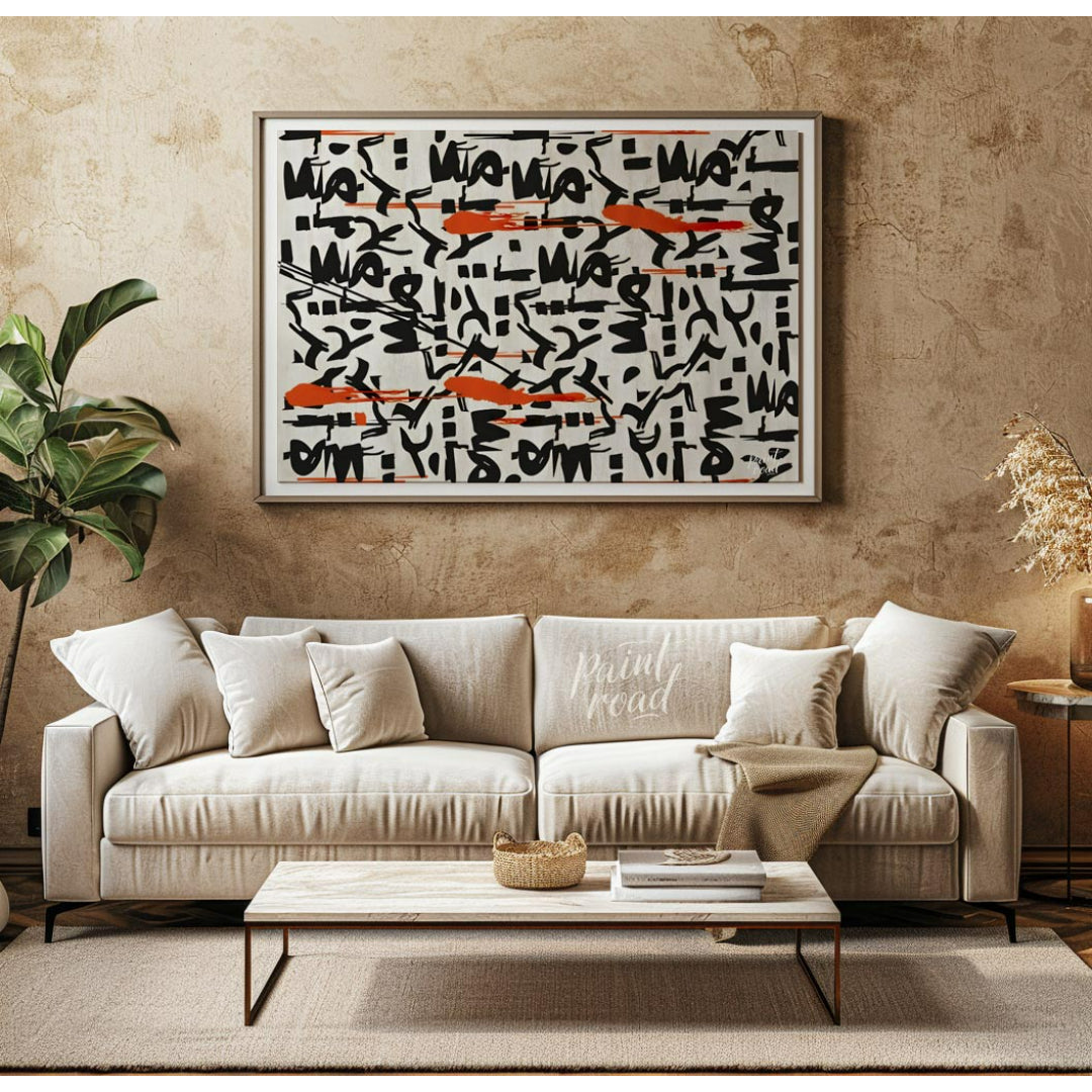"""Scribbled Rhythms"" presents a dynamic abstract pattern featuring bold black scribbles and vibra… for living room