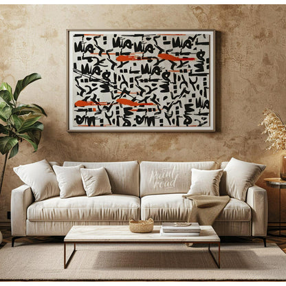 """Scribbled Rhythms"" presents a dynamic abstract pattern featuring bold black scribbles and vibra… for living room