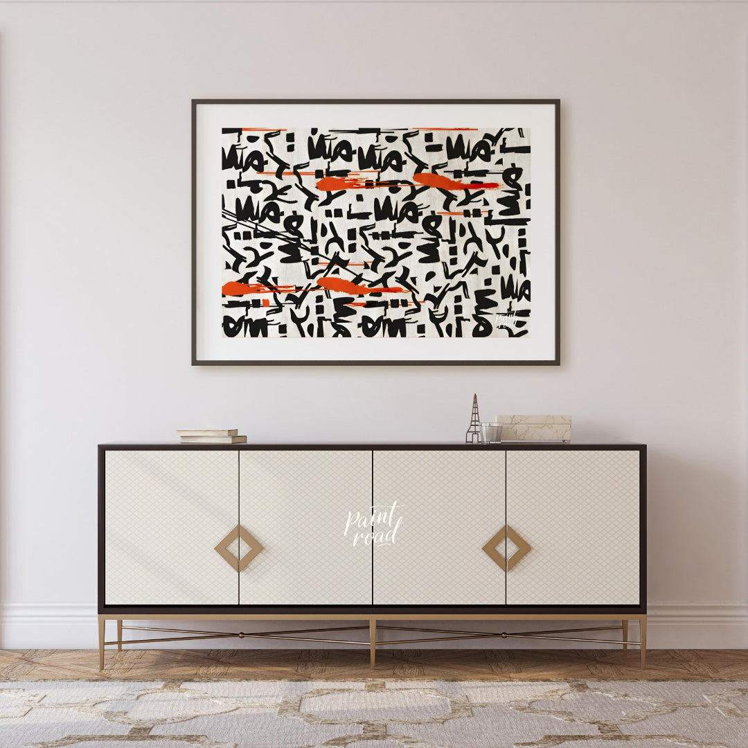 """Scribbled Rhythms"" presents a dynamic abstract pattern featuring bold black scribbles and vibra… for living room