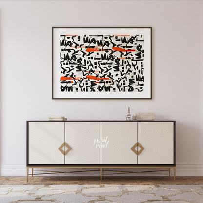 """Scribbled Rhythms"" presents a dynamic abstract pattern featuring bold black scribbles and vibra… for living room