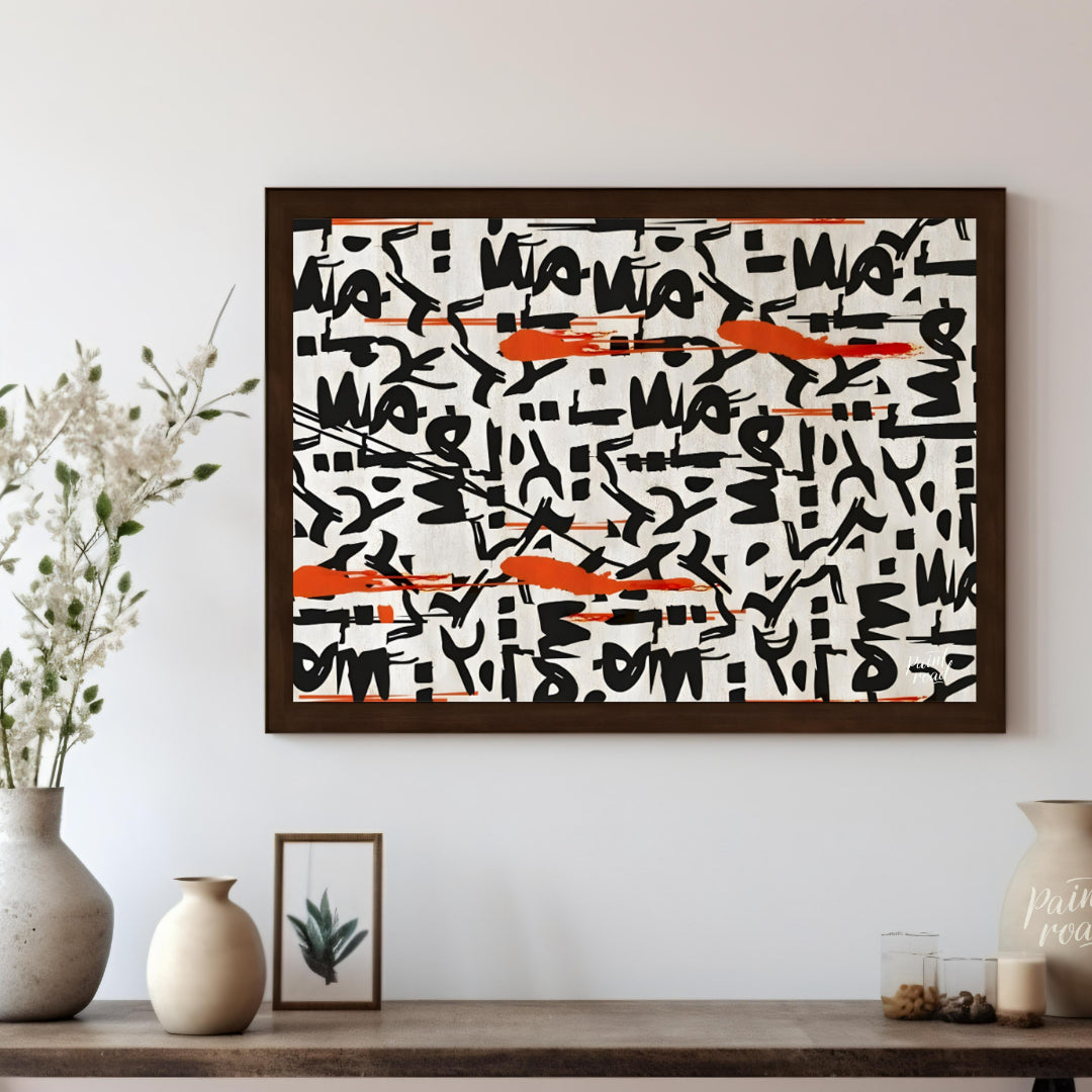 """Scribbled Rhythms"" presents a dynamic abstract pattern featuring bold black scribbles and vibra… for living room
