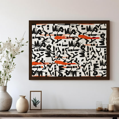 """Scribbled Rhythms"" presents a dynamic abstract pattern featuring bold black scribbles and vibra… for living room
