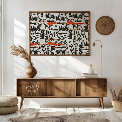 """Scribbled Rhythms"" presents a dynamic abstract pattern featuring bold black scribbles and vibra… for living room