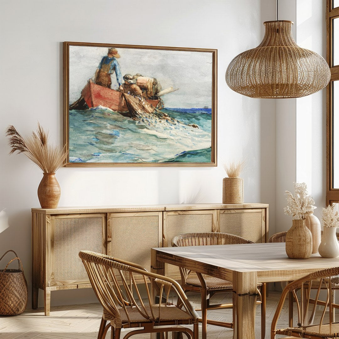 Experience the serene world of maritime life with this captivating artwork. Depicting fishermen at for Dining