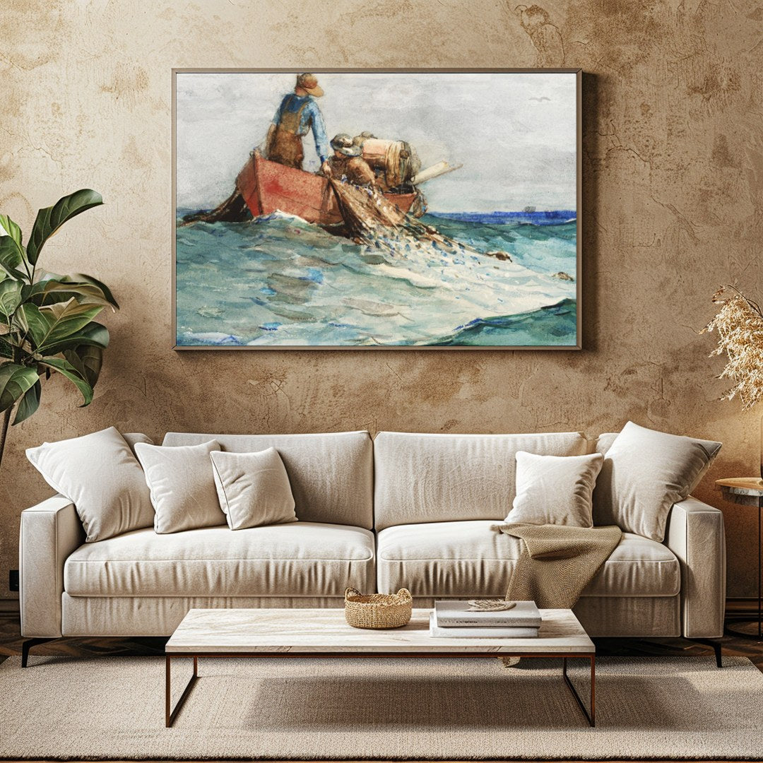 Experience the serene world of maritime life with this captivating artwork. Depicting fishermen at for Family Room