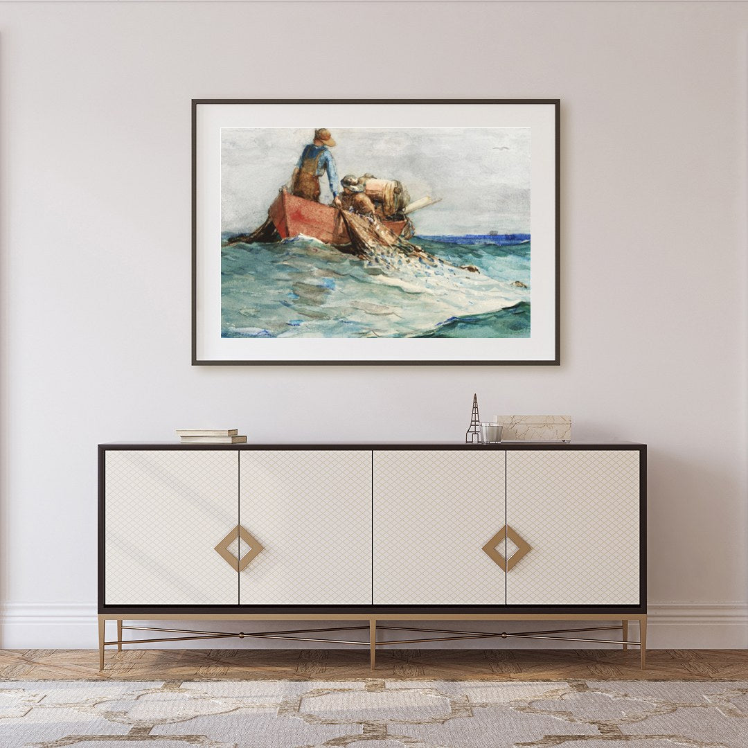 Experience the serene world of maritime life with this captivating artwork. Depicting fishermen at for Foyer