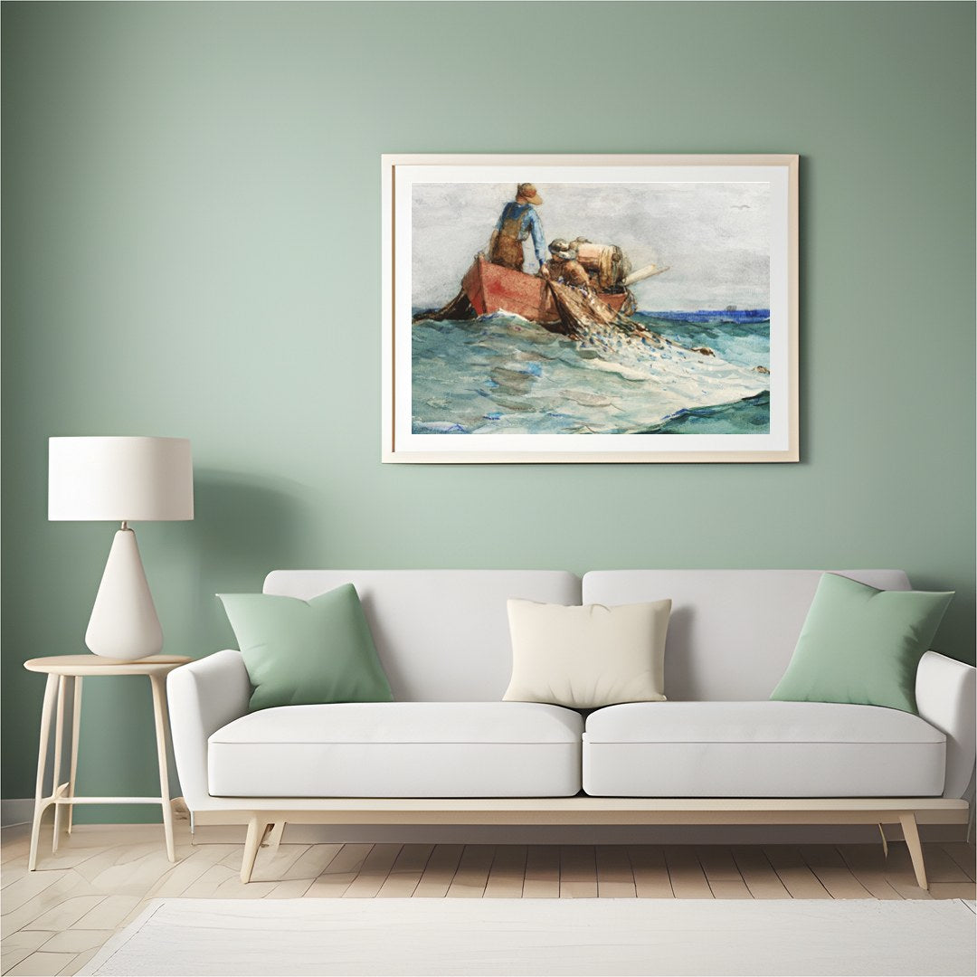 Experience the serene world of maritime life with this captivating artwork. Depicting fishermen at for Hall