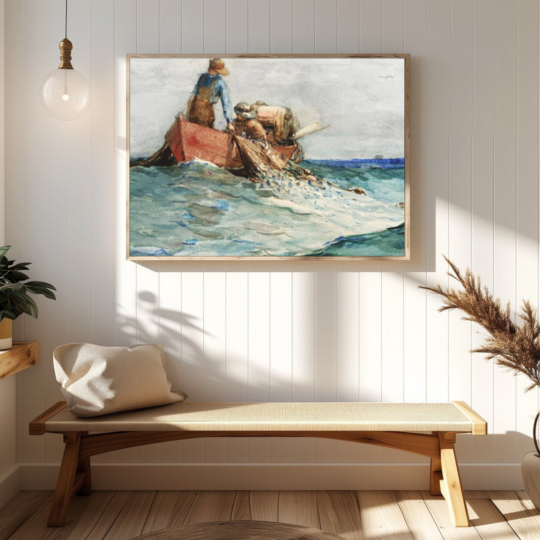 Experience the serene world of maritime life with this captivating artwork. Depicting fishermen at for Hallway