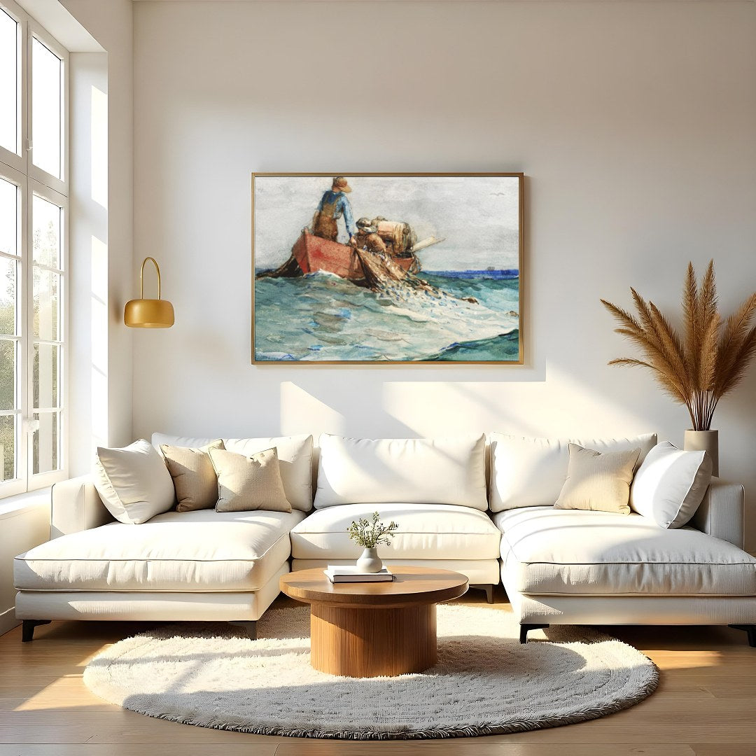 Experience the serene world of maritime life with this captivating artwork. Depicting fishermen at for Living Room