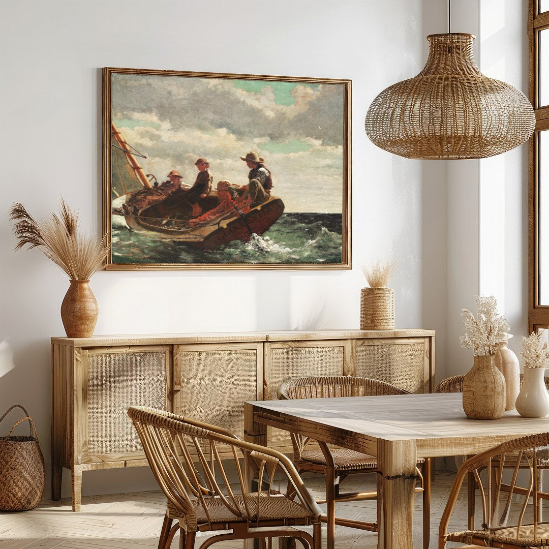 Capture the spirit of adventure with this exquisite depiction of seafarers navigating a choppy sea. for Dining