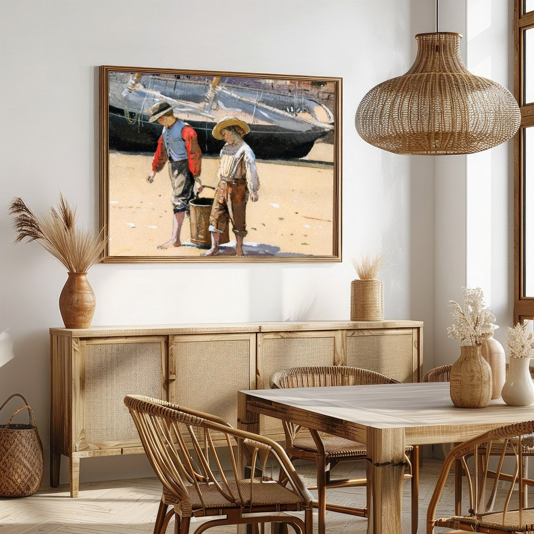 Capture the innocence of youth with this charming artwork depicting two children engaged in a for Dining
