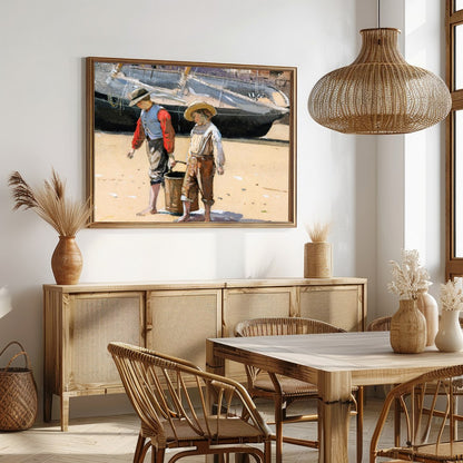 Capture the innocence of youth with this charming artwork depicting two children engaged in a for Dining