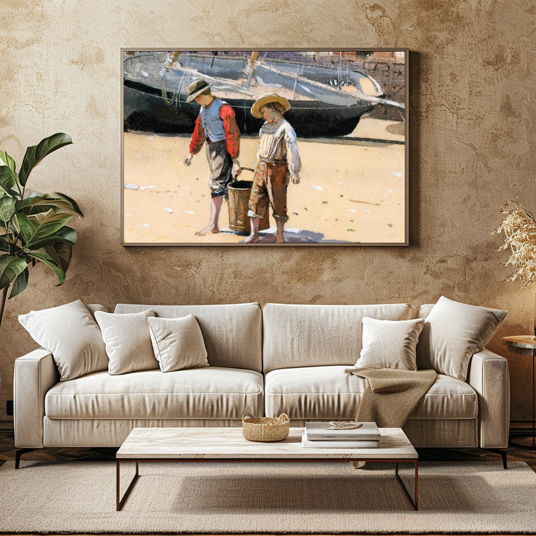 Capture the innocence of youth with this charming artwork depicting two children engaged in a for Family Room