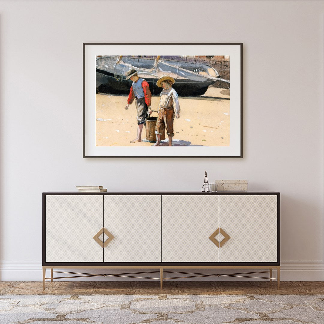 Capture the innocence of youth with this charming artwork depicting two children engaged in a for Foyer
