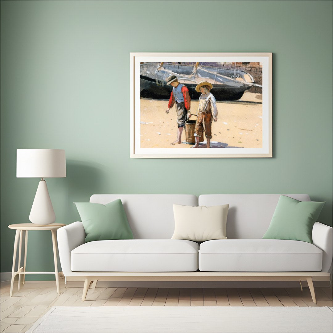 Capture the innocence of youth with this charming artwork depicting two children engaged in a for Hall
