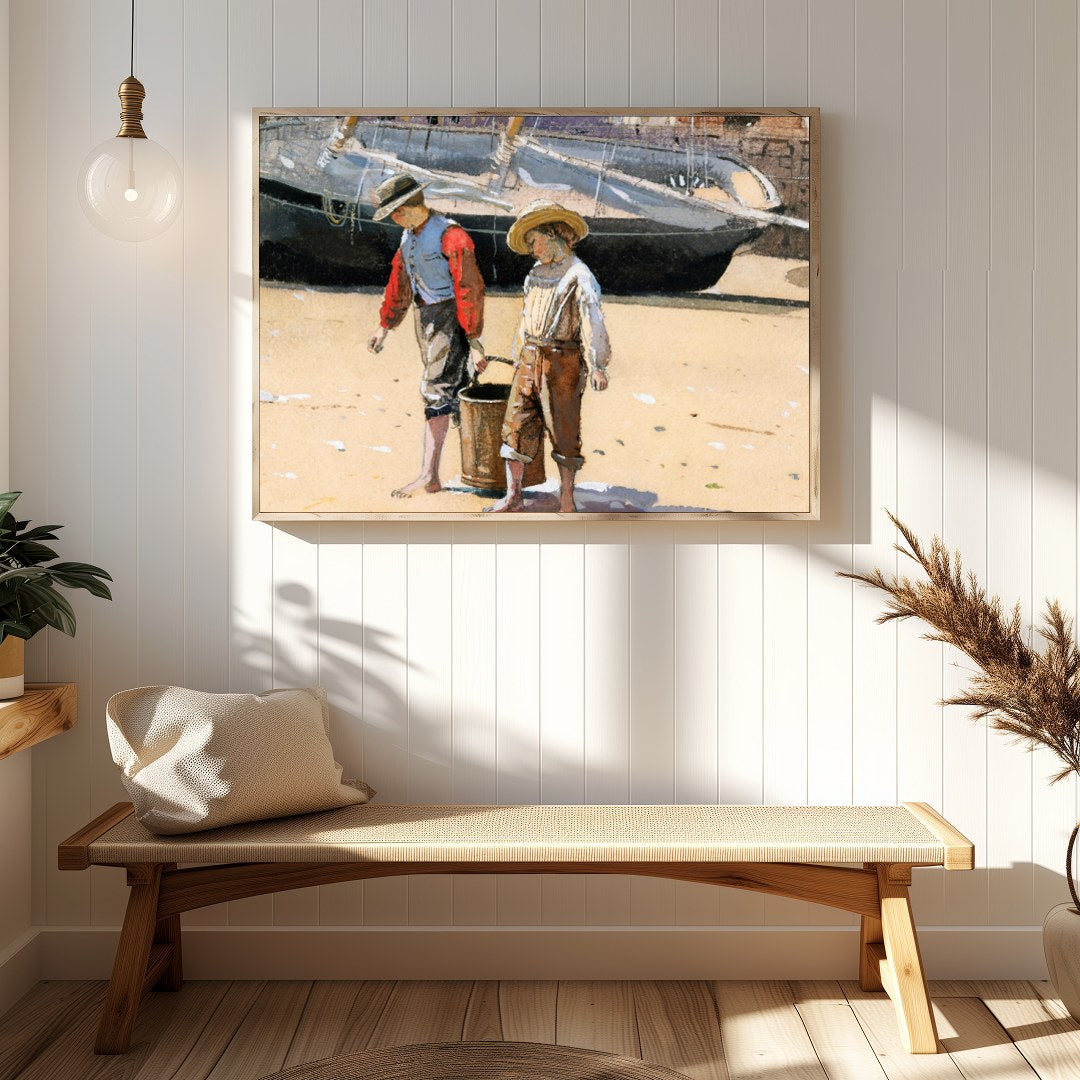 Capture the innocence of youth with this charming artwork depicting two children engaged in a for Hallway