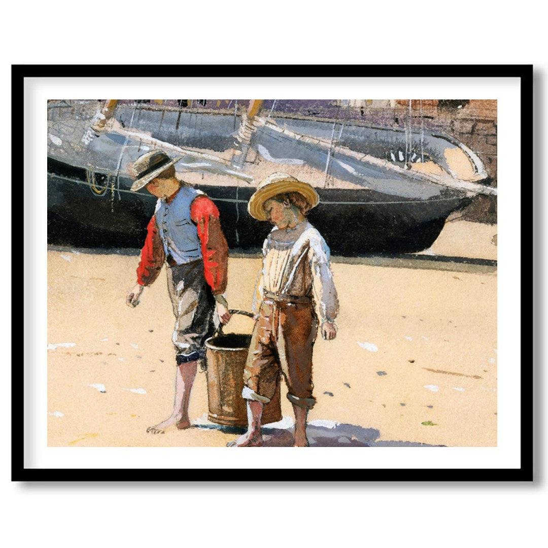 Capture the innocence of youth with this charming artwork depicting two children engaged in a for interior