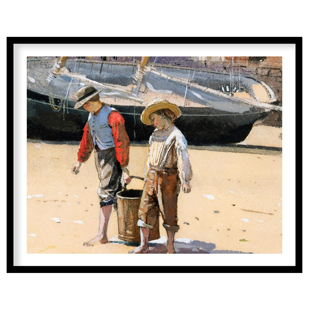 Capture the innocence of youth with this charming artwork depicting two children engaged in a for interior