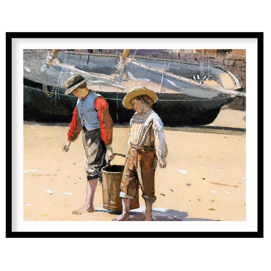 Capture the innocence of youth with this charming artwork depicting two children engaged in a for interior