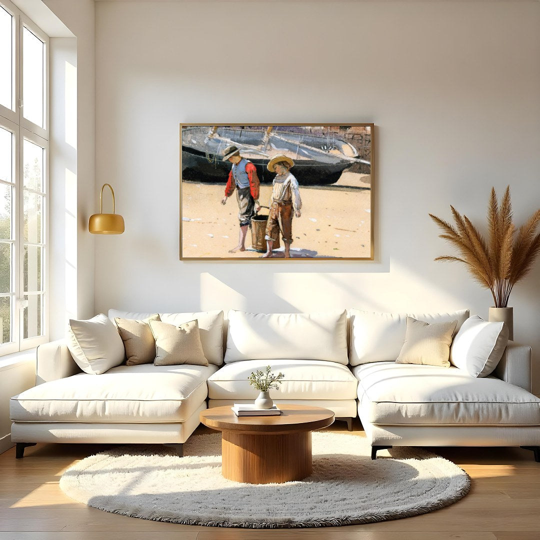 Capture the innocence of youth with this charming artwork depicting two children engaged in a for Living Room
