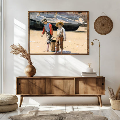 Capture the innocence of youth with this charming artwork depicting two children engaged in a for Sitting Area