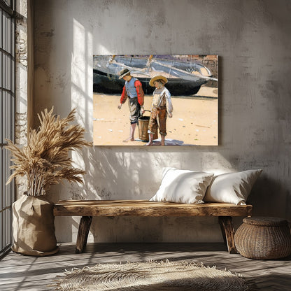 Capture the innocence of youth with this charming artwork depicting two children engaged in a for Veranda