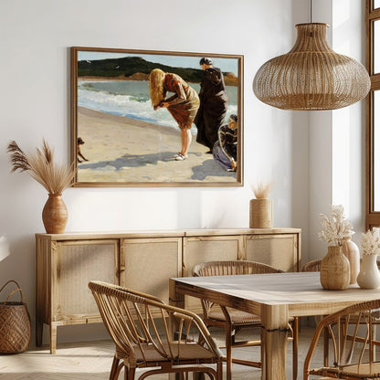 Capture the serene beauty of a day by the sea with this exquisite artwork. Featuring three figures for Dining