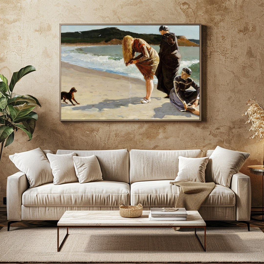 Capture the serene beauty of a day by the sea with this exquisite artwork. Featuring three figures for Family Room