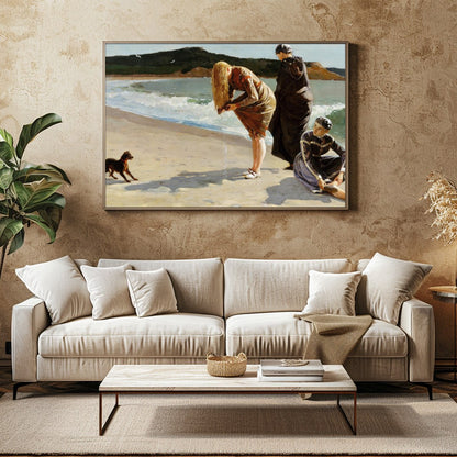 Capture the serene beauty of a day by the sea with this exquisite artwork. Featuring three figures for Family Room